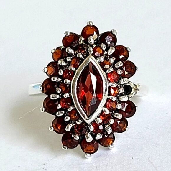 Vintage Jewelry - Vintage Boho Sterling Silver Red Garnet Marquis Flower Crystal Cluster Ring